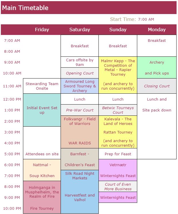 Timetable – Western Raids